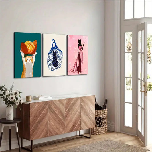3pcs Ink Animal Cat Vibrant Design Abstract Metal Print Ready to Hang Art