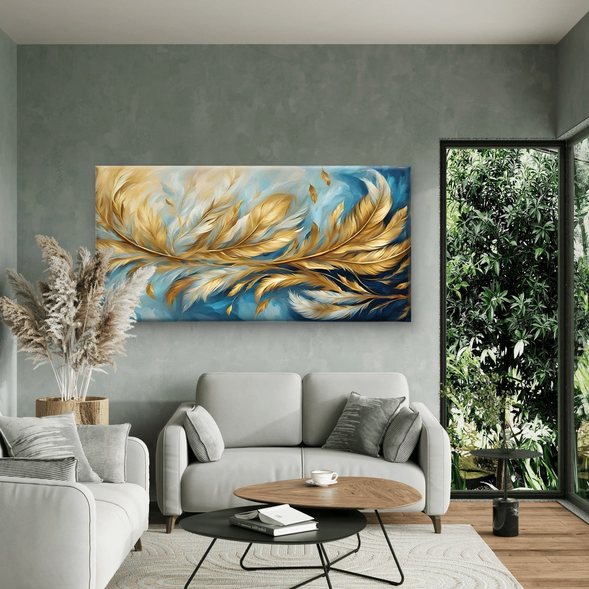 Navy Blue & Golden Feathers Wall Art Canvas Office Home Room Framed 120x60cm