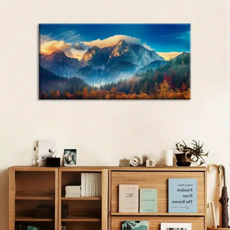 Vibrant Mountain Forest Nature Blue Sky Wall Art canvas office home room framed 120x60cm