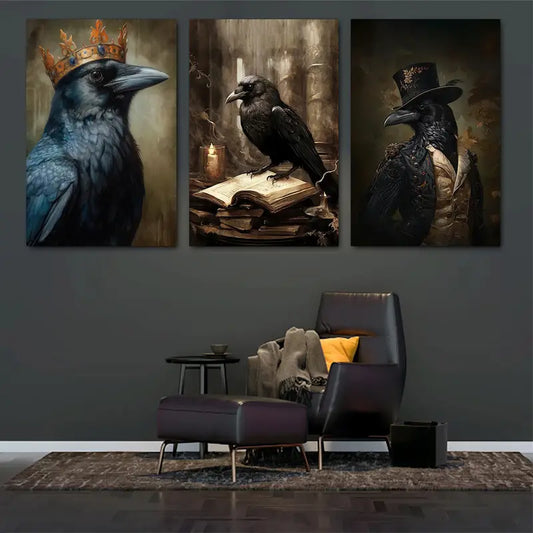 3pcs Elegant Black Bird Portraits with Vintage Fashion Metal Print Ready to Hang Art