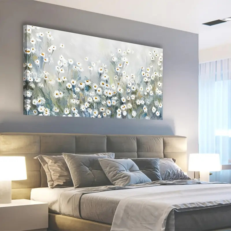 Modern Abstract Daisy White Flowers Yellow Stamens Wall Art canvas office home room framed 120x60cm