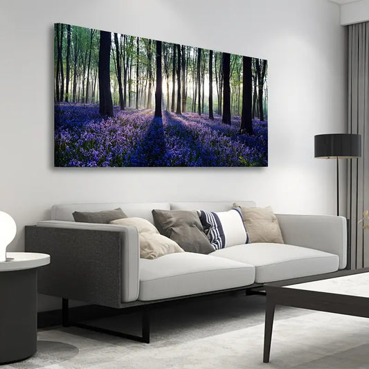Purple Lavender Forest Vibrant Nature Sunlit Trees & Lush Foliage Wall Art canvas office home room framed 120x60cm