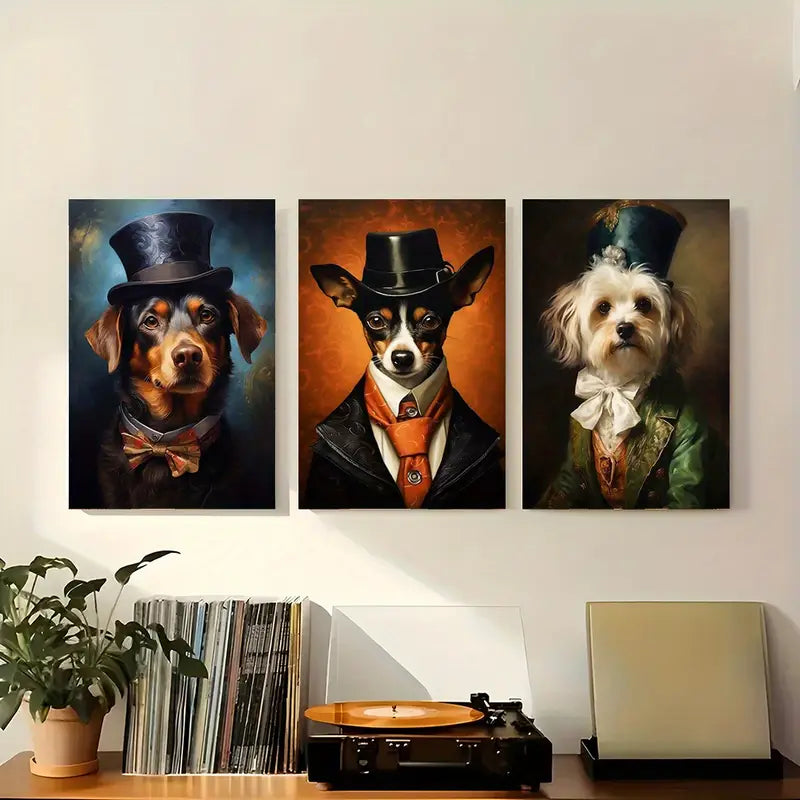 3pcs Elegant Suit & Top Hat Dog Classic Design Metal Print Ready to Hang Art