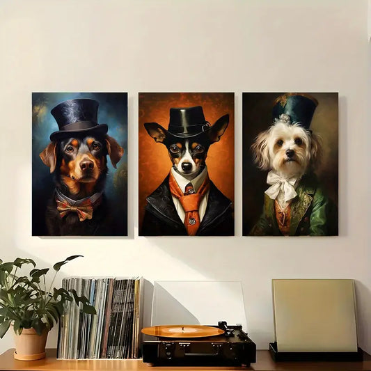 3pcs Elegant Suit & Top Hat Dog Classic Design Metal Print Ready to Hang Art