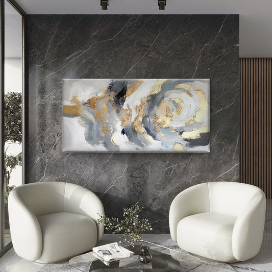 Grey Gold Brushstroke Abstract Wall Art Canvas Office Home Room Framed 80x45cm