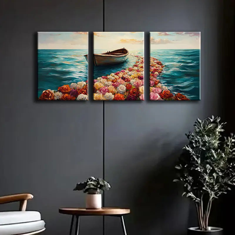 3pcs Vibrant Floral & Ocean Scene Metal Print Ready to Hang Art
