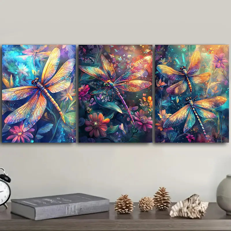 3pcs Colorful dragonfly with large wings Metal Print Ready to Hang Art