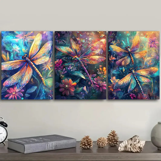 3pcs Colorful dragonfly with large wings Metal Print Ready to Hang Art