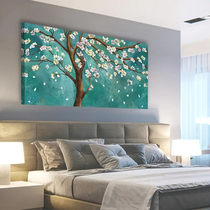 Elegant Peach Blossom Turquoise Green Wall Art canvas office home room framed 120x60cm