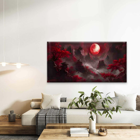 Red Trees And Ancient Pavilions Wall Art Canvas Office Home Room Framed 80x45cm