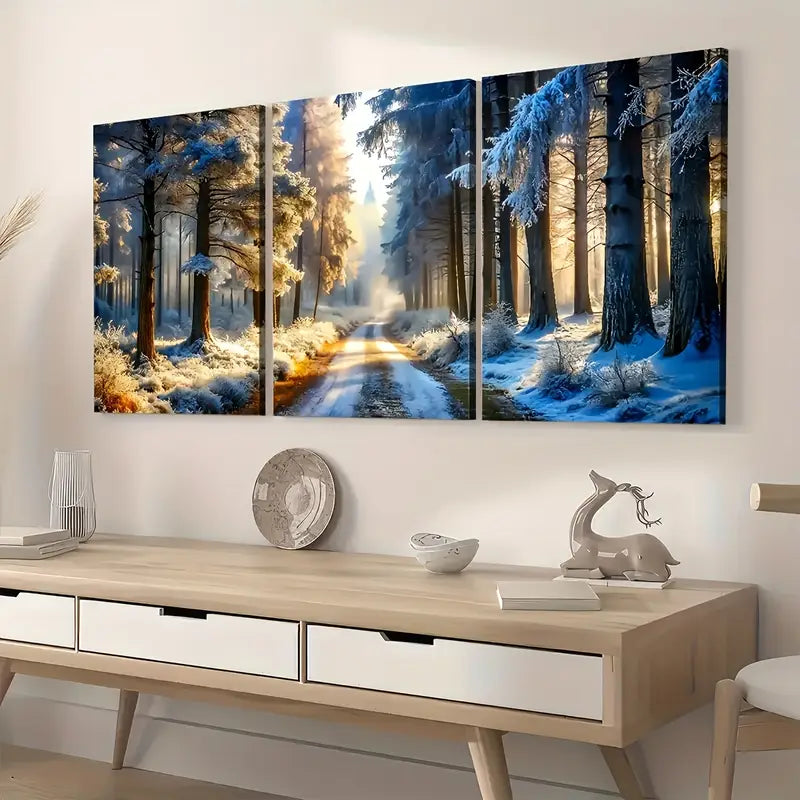 3pcs Modern Winter Snow Forest Art Wall Art Set Canvas Framed 40x60cm - High Quality Print 100% Australian Made Wall Canvas Ready to Hang