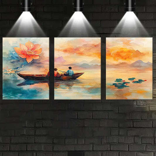 3pcs Serene Lake with Lotus Flowers, Sunset Sky Metal Print Ready to Hang Art