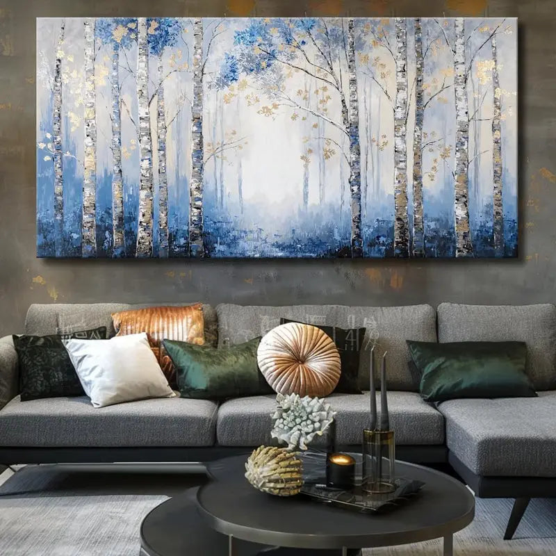 Forest Modern Nature Blue & White Wall Art canvas office home room framed 120x60cm