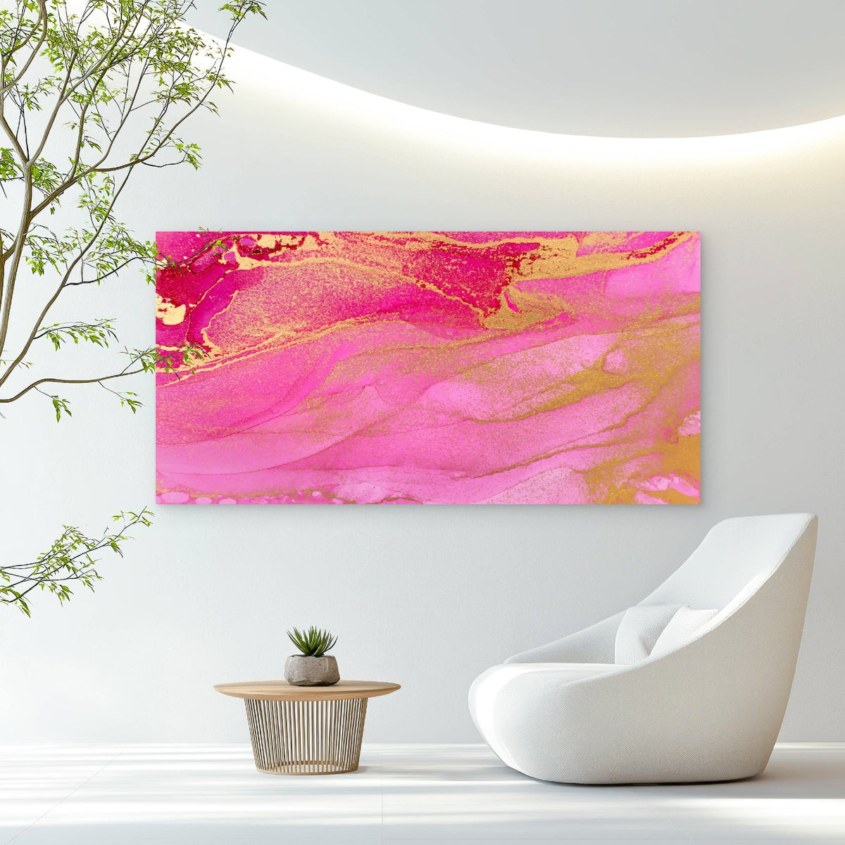 Vibrant Magenta Gilded Fluid Wall Art Canvas Office Home Room Framed 120x60cm