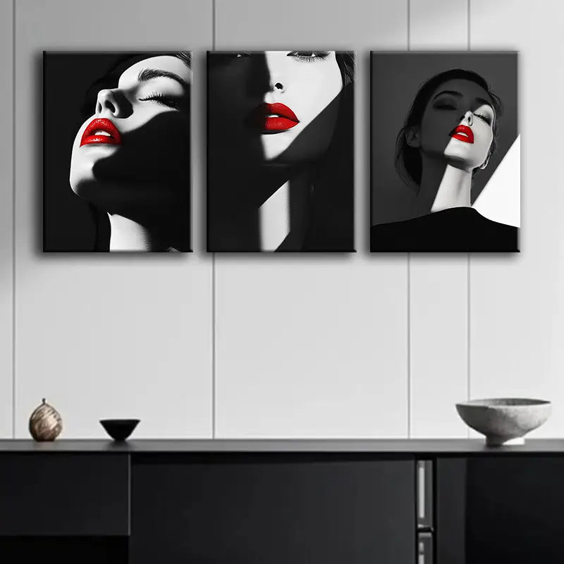 3pcs Elegant Woman in Red Lipstick Metal Print Ready to Hang Art