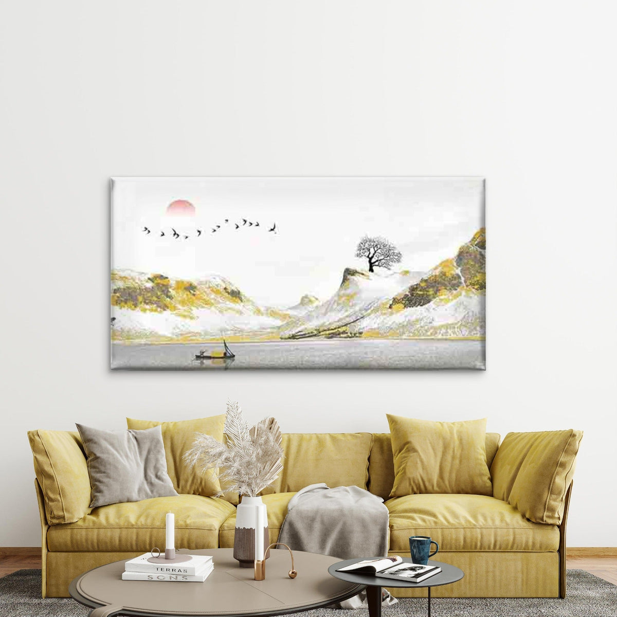 Mountains & Lake with Birds Wall Art Canvas Office Home Room Framed 120x60cm