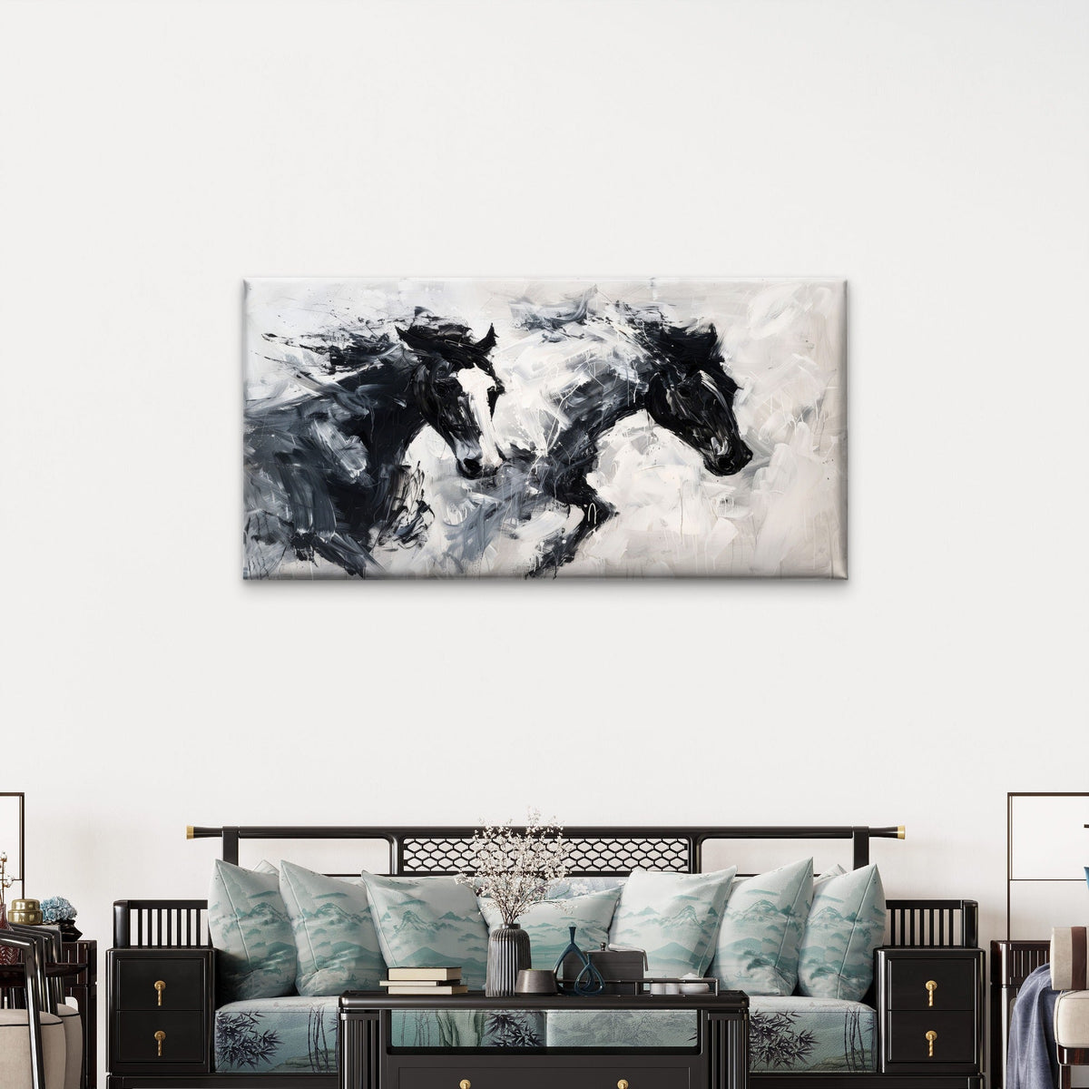 Abstract Black White Horses Wall Art Canvas Office Home Room Framed 80x45cm