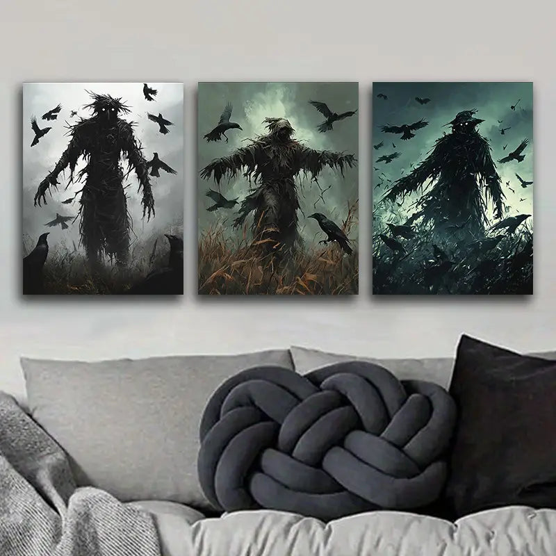 3pcs Featuring a Scarecrow Amidst Crows Metal Print Ready to Hang Art