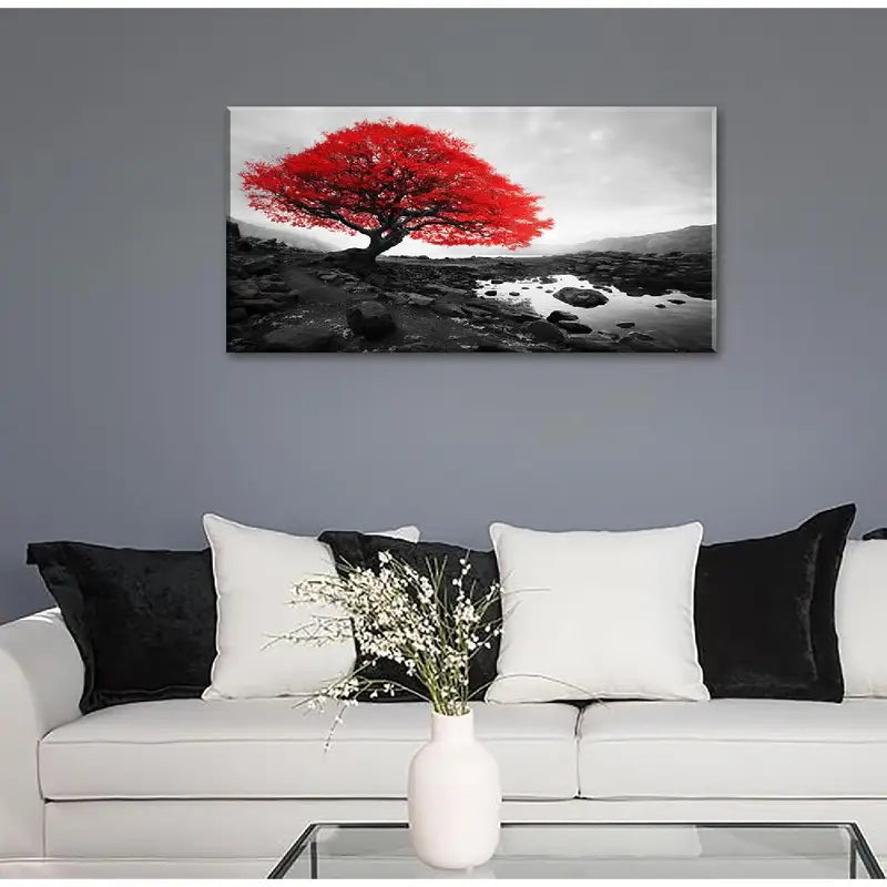 Black & White Nature Scenery Red TreeWall Art canvas office home room framed 120x60cm