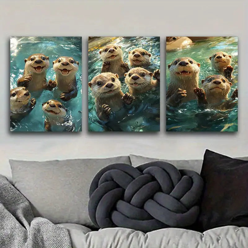 3pcs Playful Otters Metal Print Ready to Hang Art