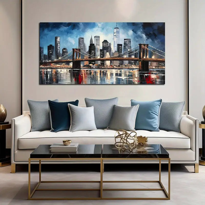 Modern City Skyline Bridge Blue & Gray Urban Wall Art canvas office home room framed 120x60cm