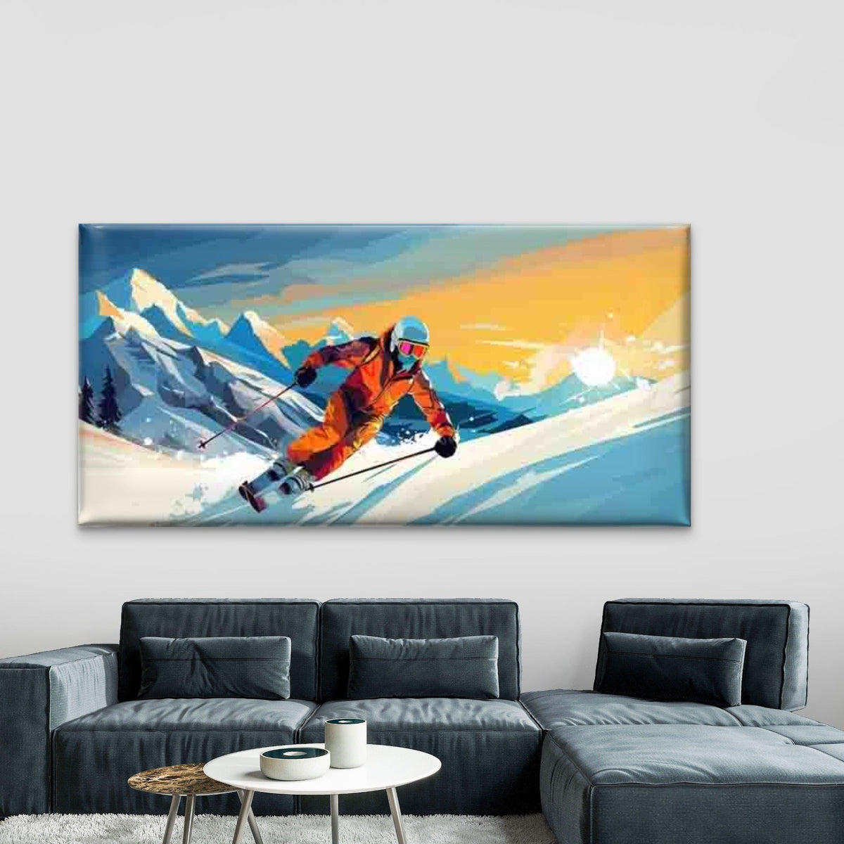 Retro Abstract Skier Painting Wall Art Canvas Office Home Room Framed 80x45cm