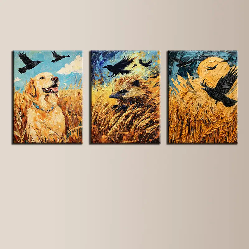 3pcs Watercolor Beautiful Wheat Animals Crow Metal Print Ready to Hang Art