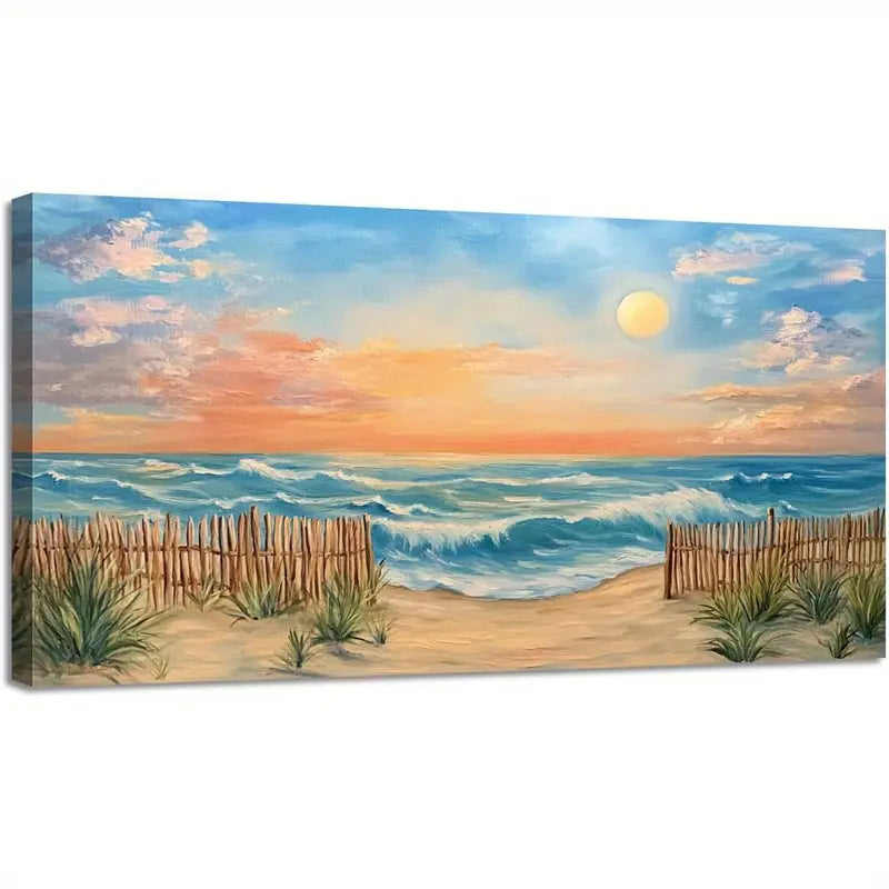 Nautical Beach Sunset Vibrant Coastal Scene Serene Ocean Waves & Sandy Shores Wall Art canvas office home room framed 120x60cm