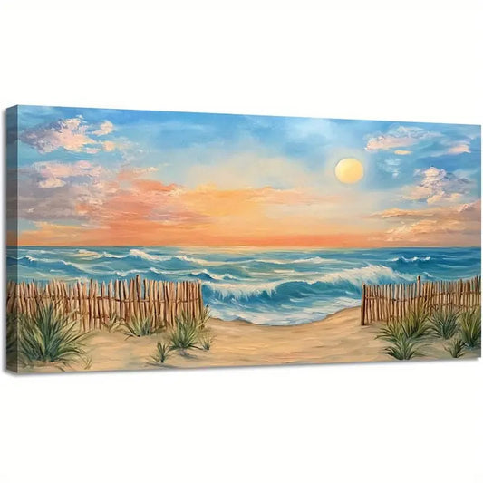 Nautical Beach Sunset Vibrant Coastal Scene Serene Ocean Waves & Sandy Shores Wall Art canvas office home room framed 120x60cm