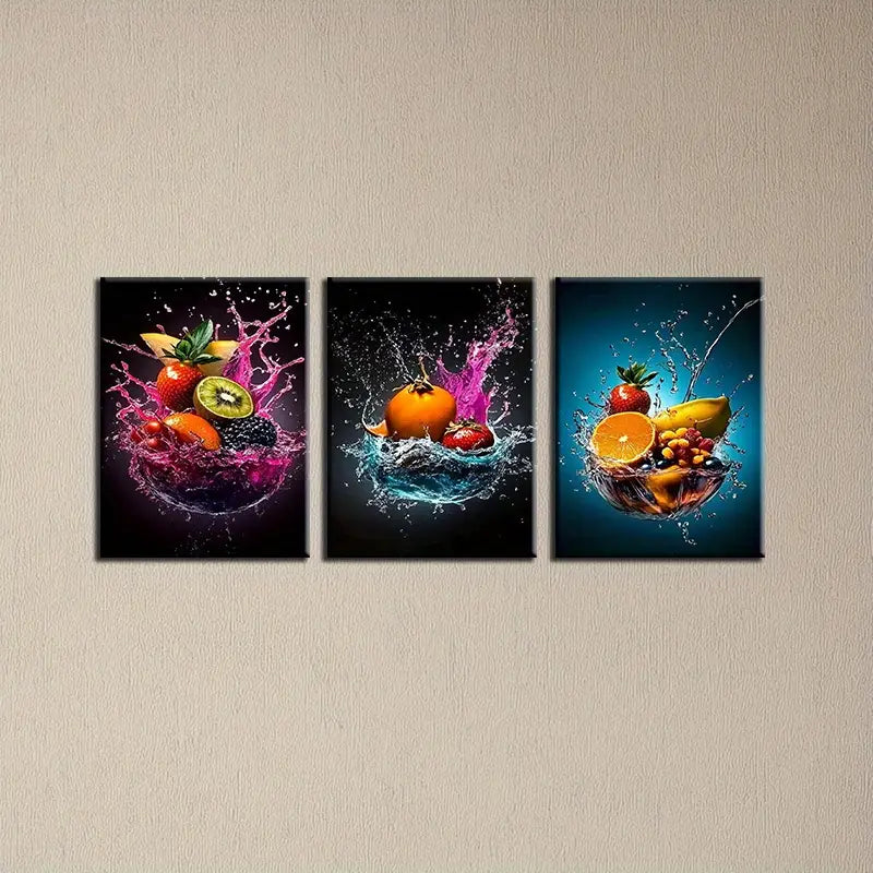 3pcs Vibrant Abstract Fruit Water Splash Metal Print Ready to Hang Art