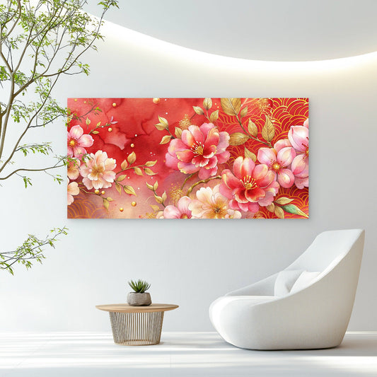 Japanese Inspired Floral Art Wall Art Canvas Office Home Room Framed 80x45cm