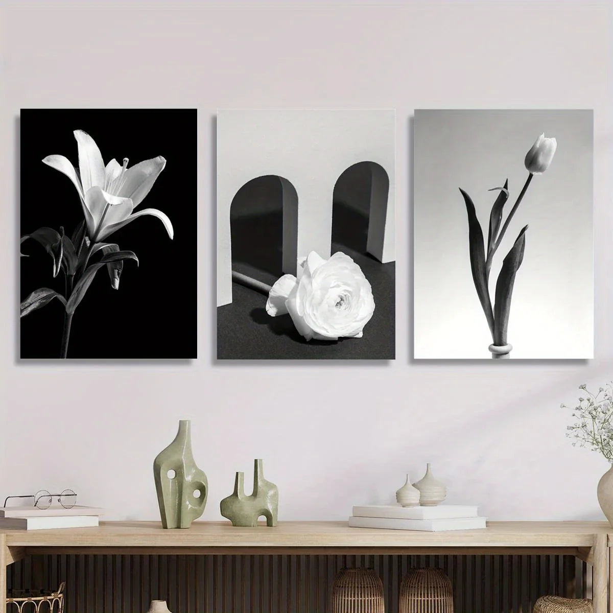 3pcs Black and White Botanical Bouquet Classic Design Metal Print Ready to Hang Art