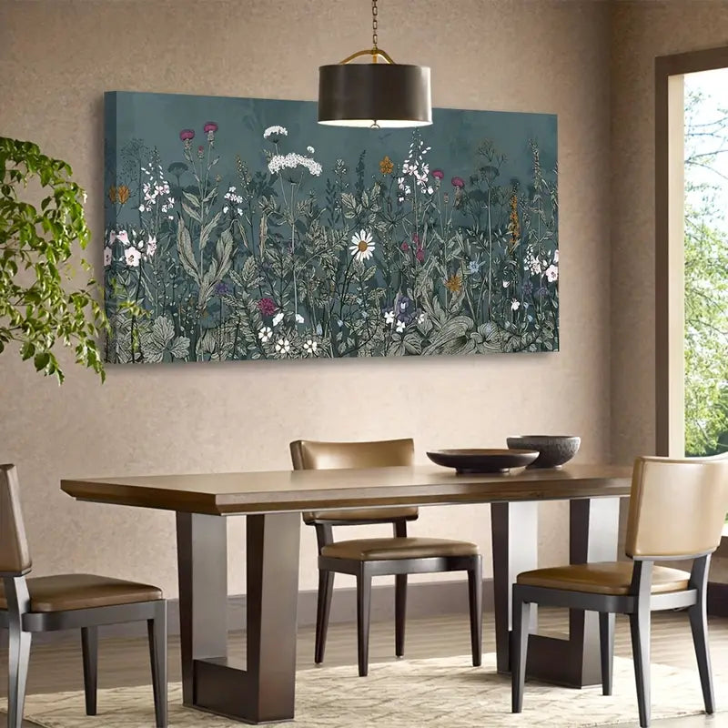 Botanical Dusty Blue Meadow Nature Wall Art canvas office home room framed 120x60cm