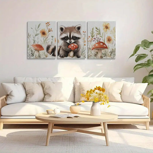 3pcs Watercolor Adorable Raccoon Artworks Metal Print Ready to Hang Art