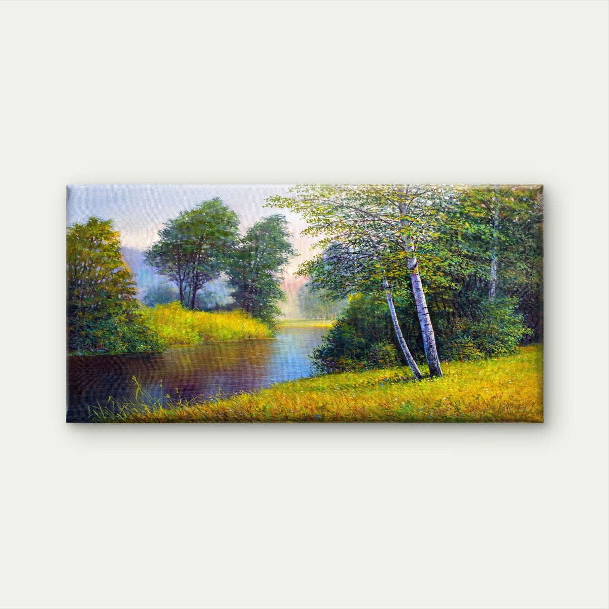 Birch Tree River Nature Oil Painting Wall Art Canvas Office Home Framed 80x45cm