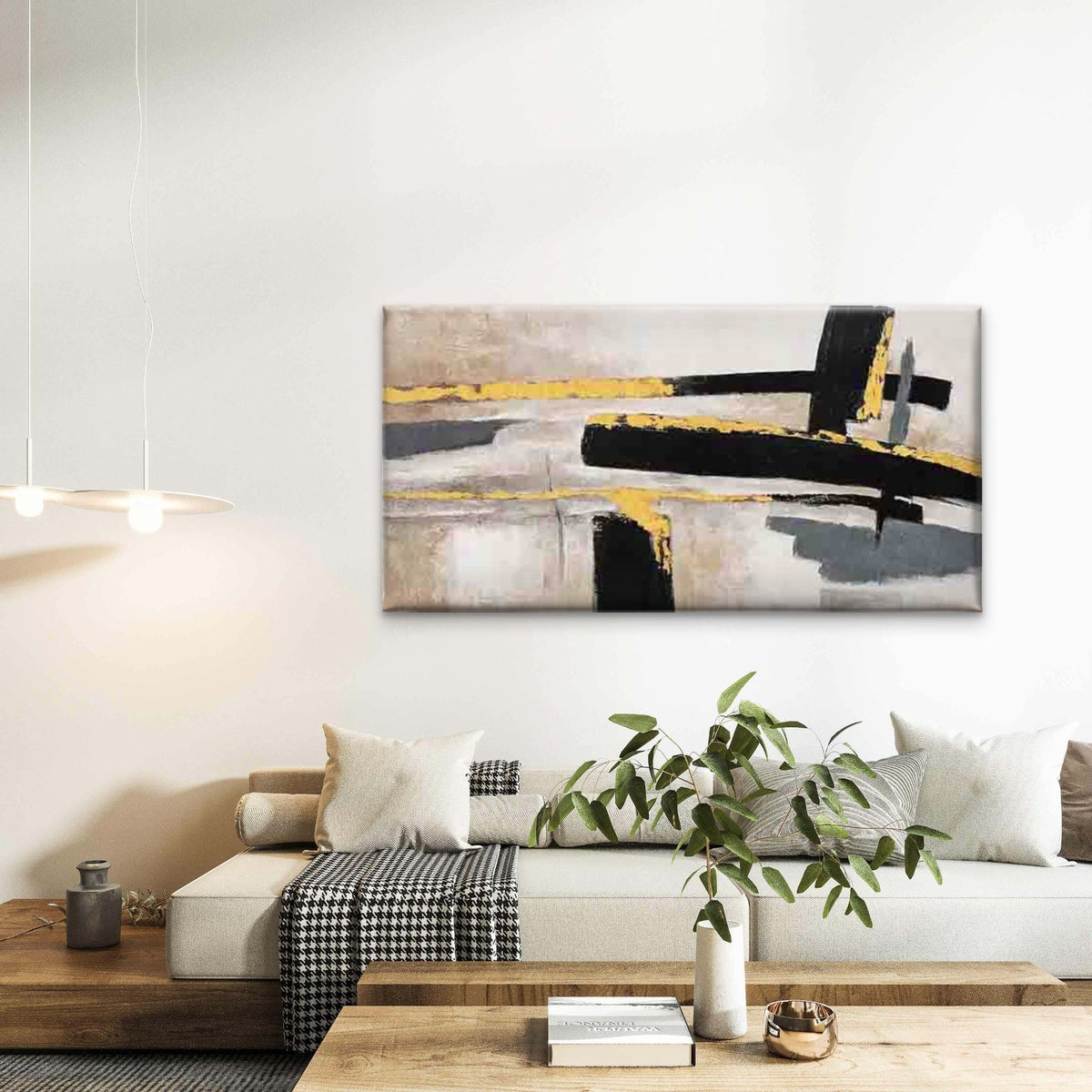 Abstract Yellow Accent Neutral Wall Art Canvas Office Home Room Framed 120x60cm