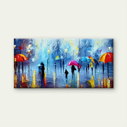 Rainy Street Colorful Umbrella Wall Art Canvas Office Home Room Framed 80x45cm