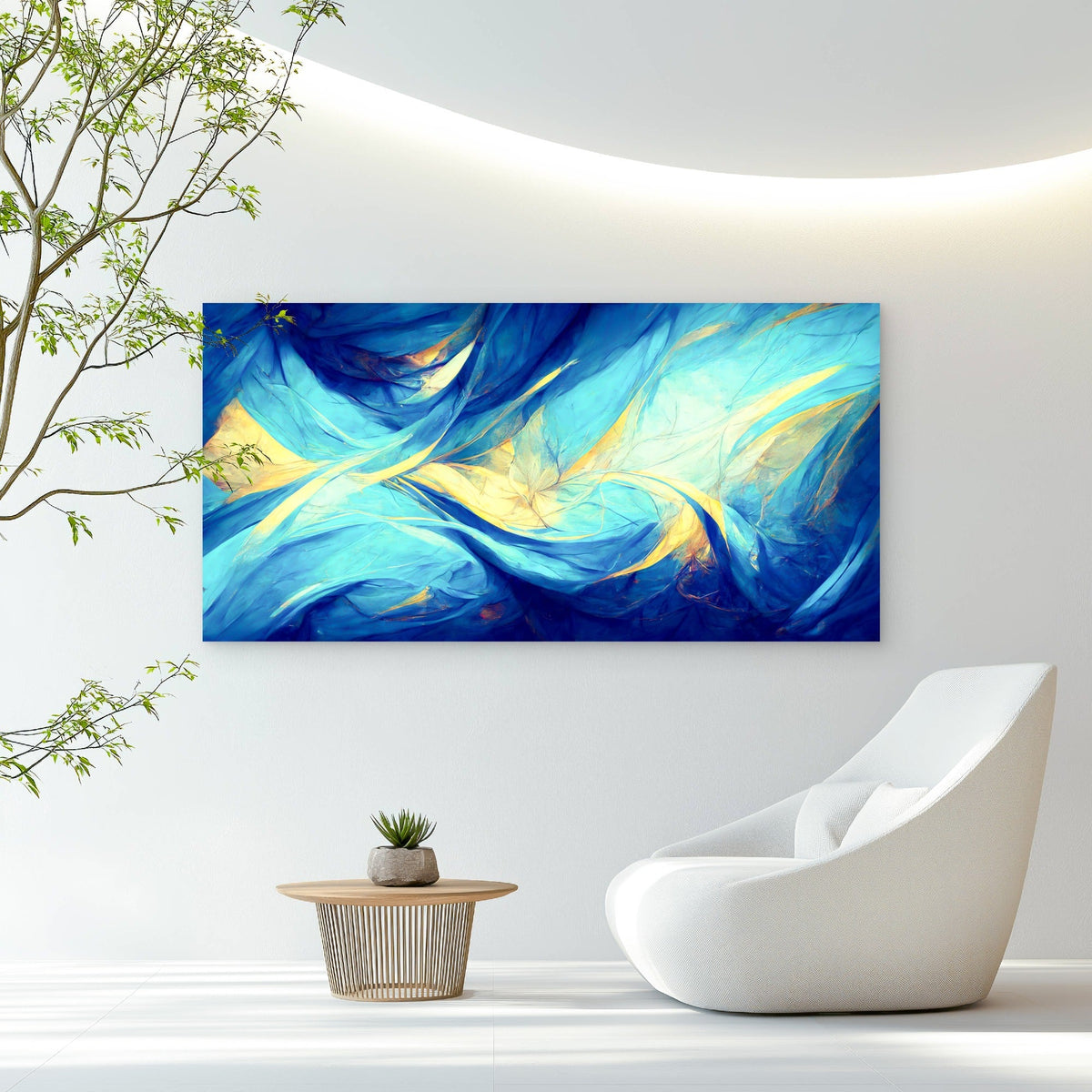Blue Gold Flowing Waves Wall Art Canvas Office Home Room Framed 80x45cm