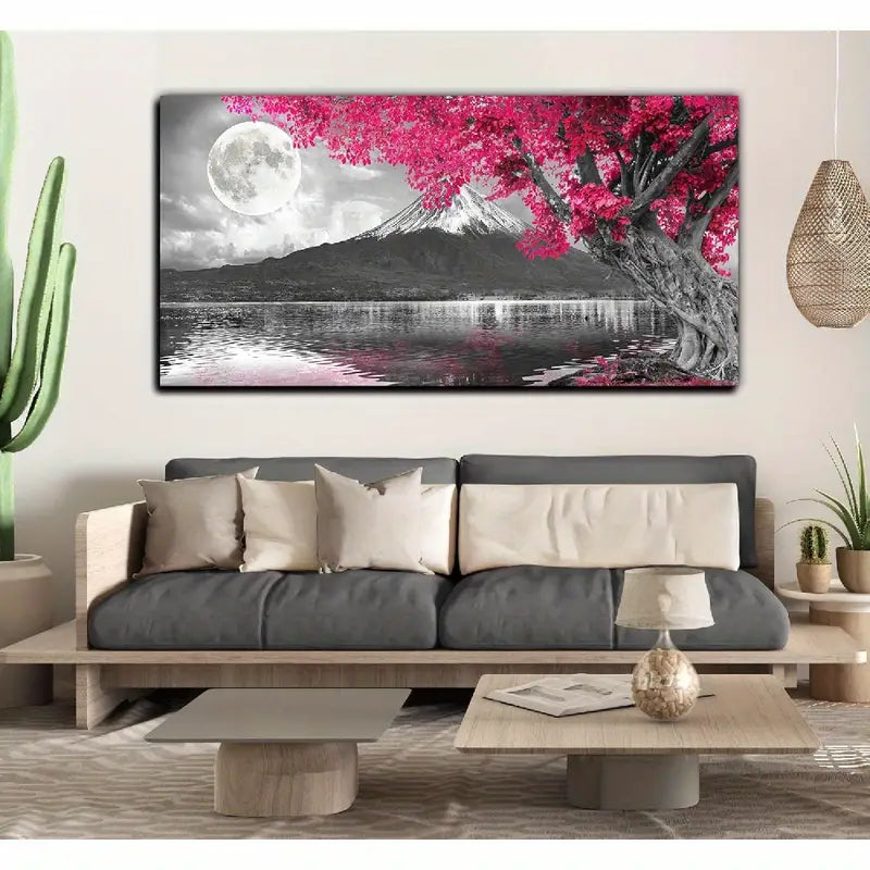 Pink Tree Night Sky Full Moon Mountain Wall Art canvas office home room framed 120x60cm
