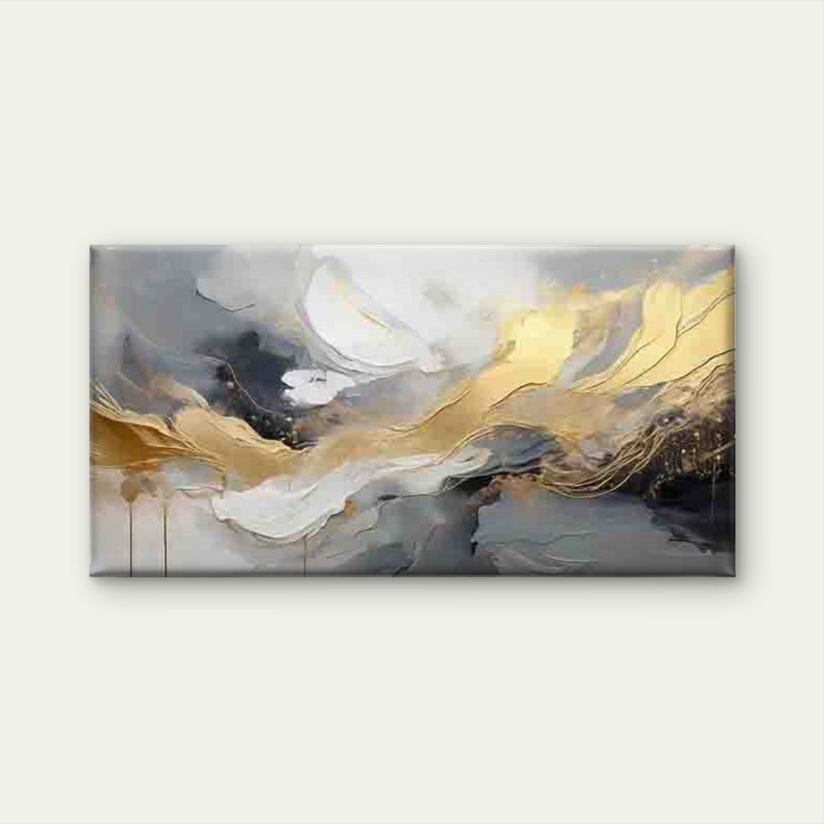 Abstract Golden Flowing Wave Wall Art Canvas Office Home Room Framed 80x45cm