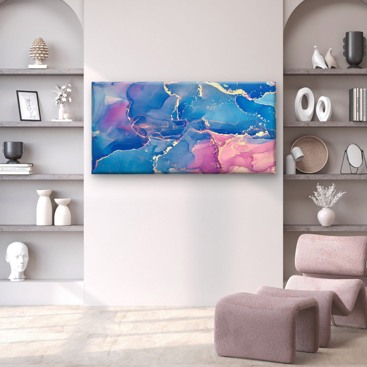 Blue Pink Fluid Gold Swirl Art Wall Art Canvas Office Home Room Framed 120x60cm