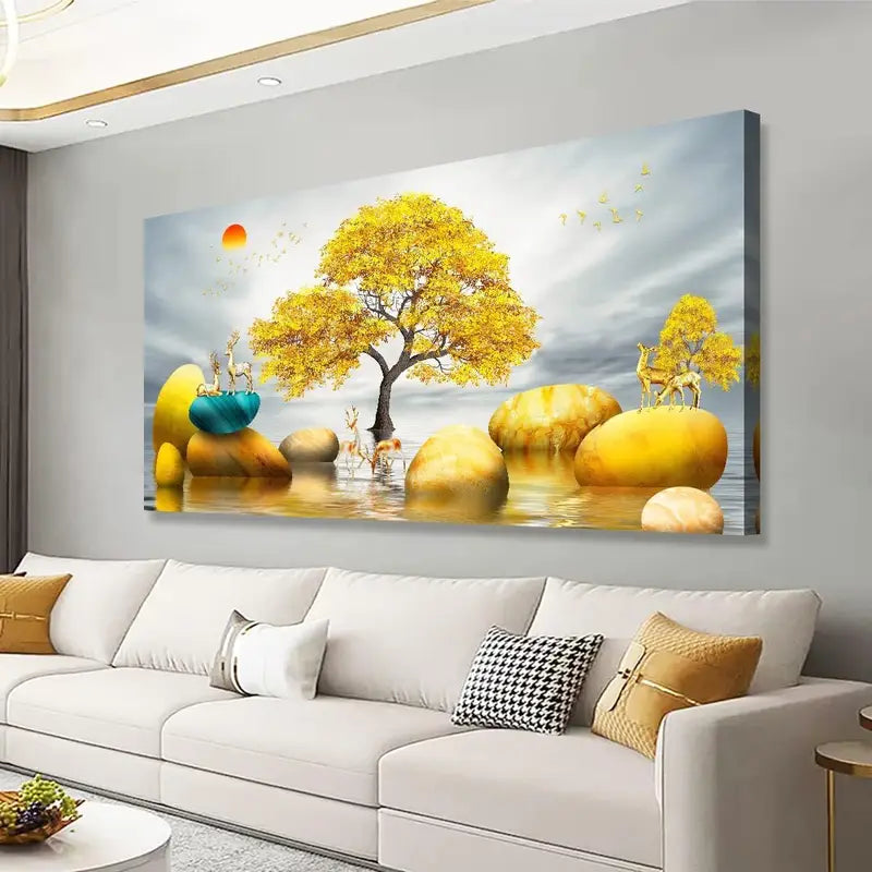 Abstract Yellow Tree and Stones in Lake Wall Art canvas office home room framed 120x60cm