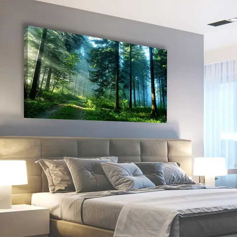 Green Forest Morning Sunlight Filtering Trees Serene Nature Scene Wall Art canvas office home room framed 120x60cm