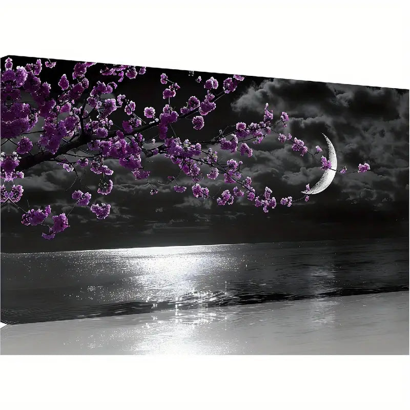 Black & White Seascape Moon & Purple Cherry Blossoms Wall Art canvas office home room framed 120x60cm