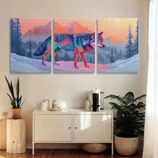 3pcs Colorful Wolf in Winter Vibrant Painting Metal Print Ready to Hang Art