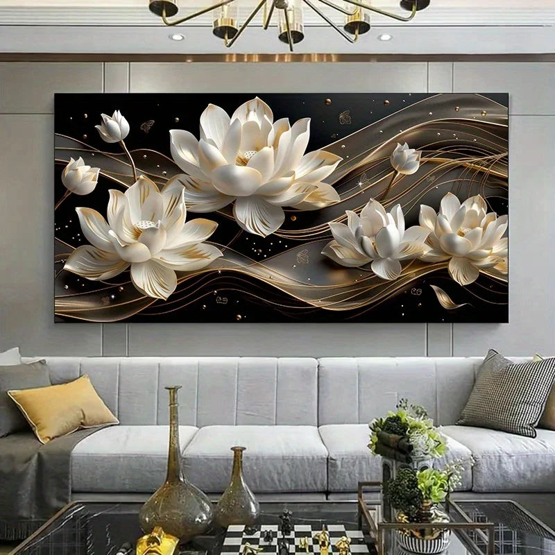Golden Flowers & River wall canvas office home room framed 120x60cm