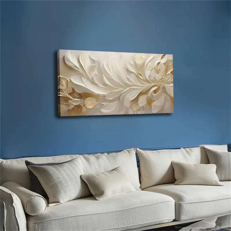 Elegant White Golden Floral Design Wall Art Canvas Office Home Room Framed 120x60cm