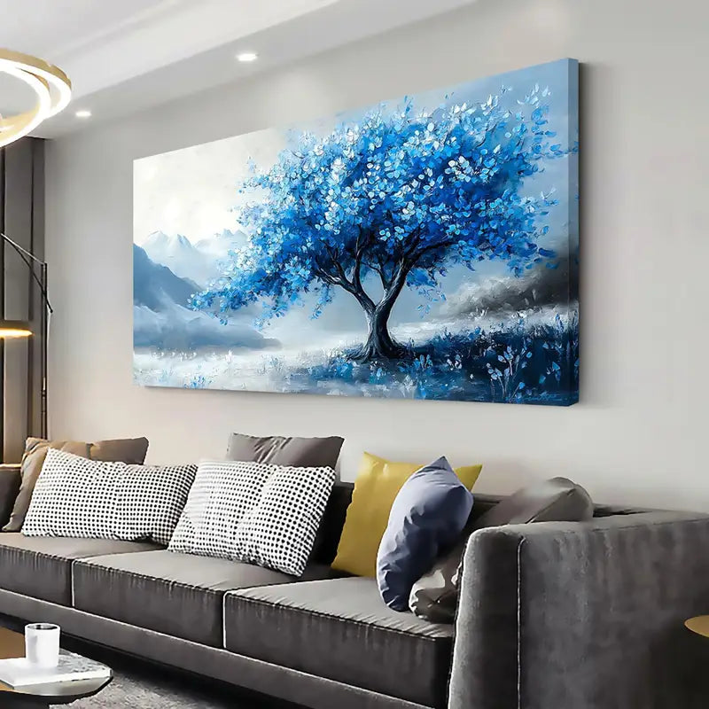 Blue Oil Painting Nature Tree Wall Art canvas office home room framed 80x45cm