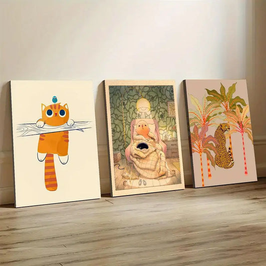 3pcs cat with a stick in its mouth, Stealthy of the Leopard Metal Print Ready to Hang Art