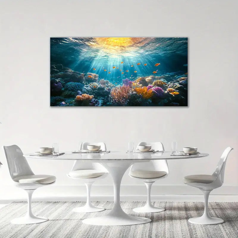 Large Ocean Vibrant Coral Reef Fish & Sunlight Seascape Wall Art canvas office home room framed 120x60cm
